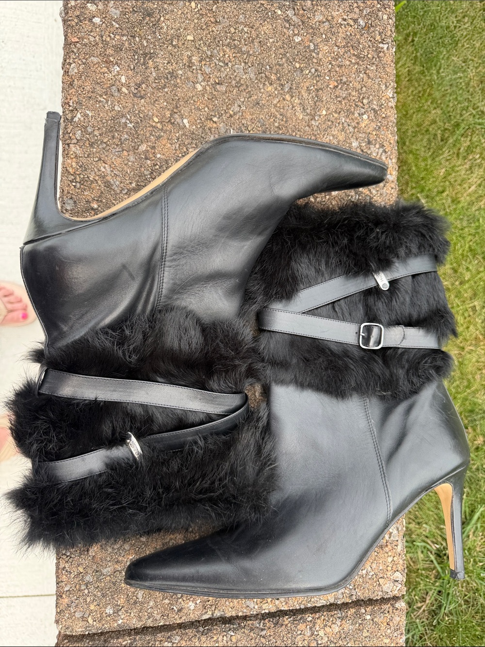 Coach marlow Leather Pointed-Toe Stiletto Ankle Boots with rabbit Fur Trim